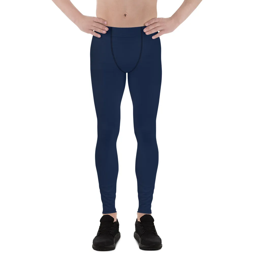 Navy Blue Men's Leggings, Solid Color Meggings Running Compression Tights For Men - Made in USA/EU
