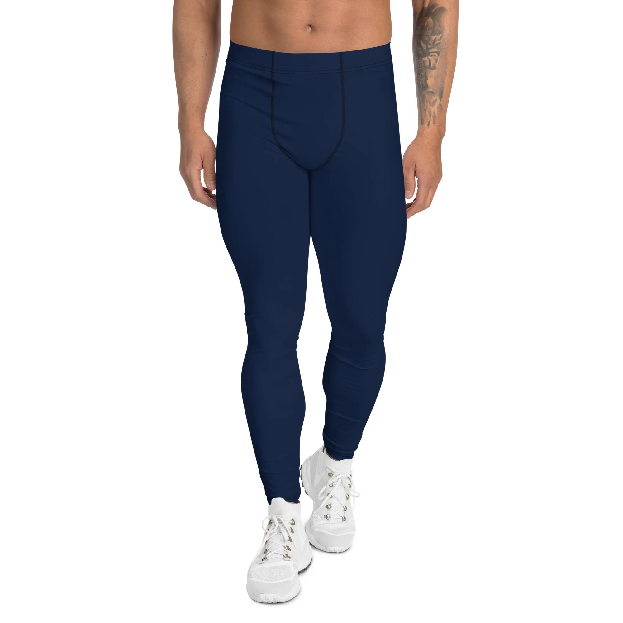 Navy Blue Men's Leggings, Solid Color Meggings Running Compression Tights For Men - Made in USA/EU