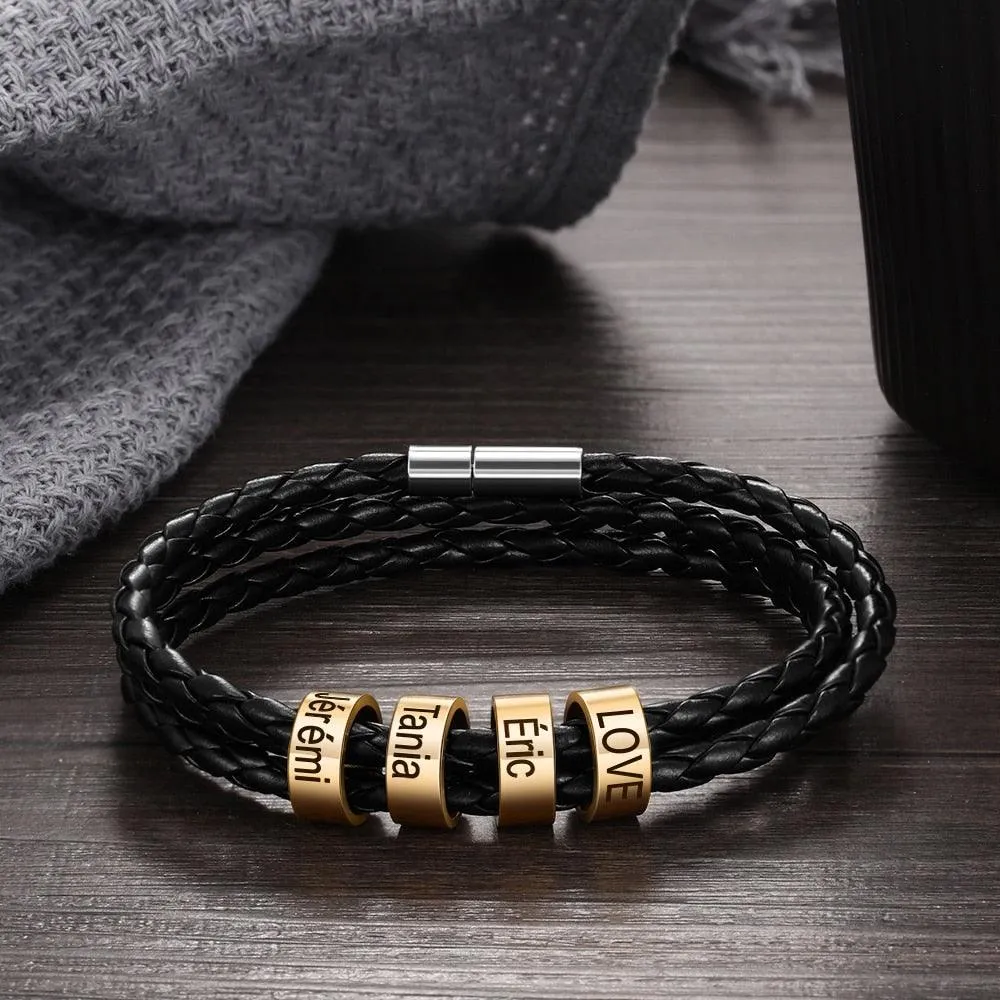 Personalized Multilayer Leather Bracelet -  PU Leather Vintage Name Beads Braided Band
