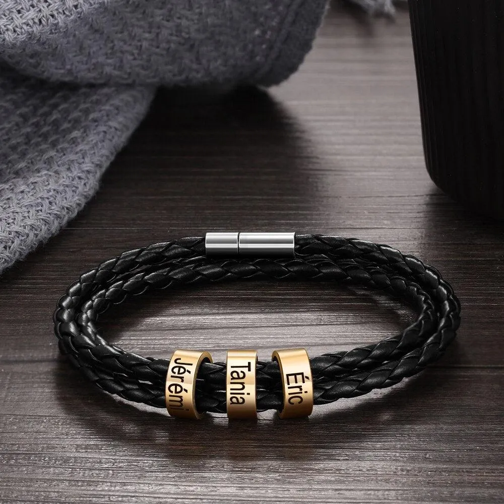 Personalized Multilayer Leather Bracelet -  PU Leather Vintage Name Beads Braided Band