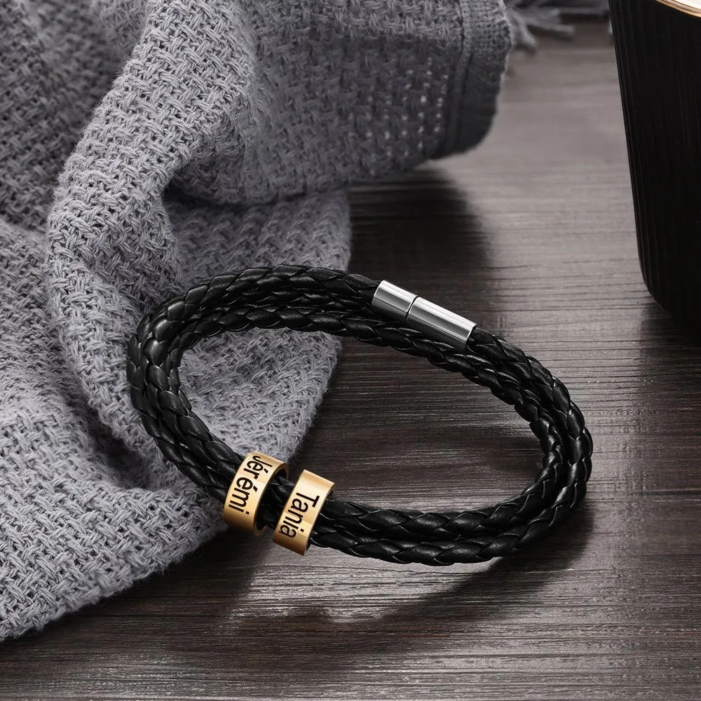 Personalized Multilayer Leather Bracelet -  PU Leather Vintage Name Beads Braided Band