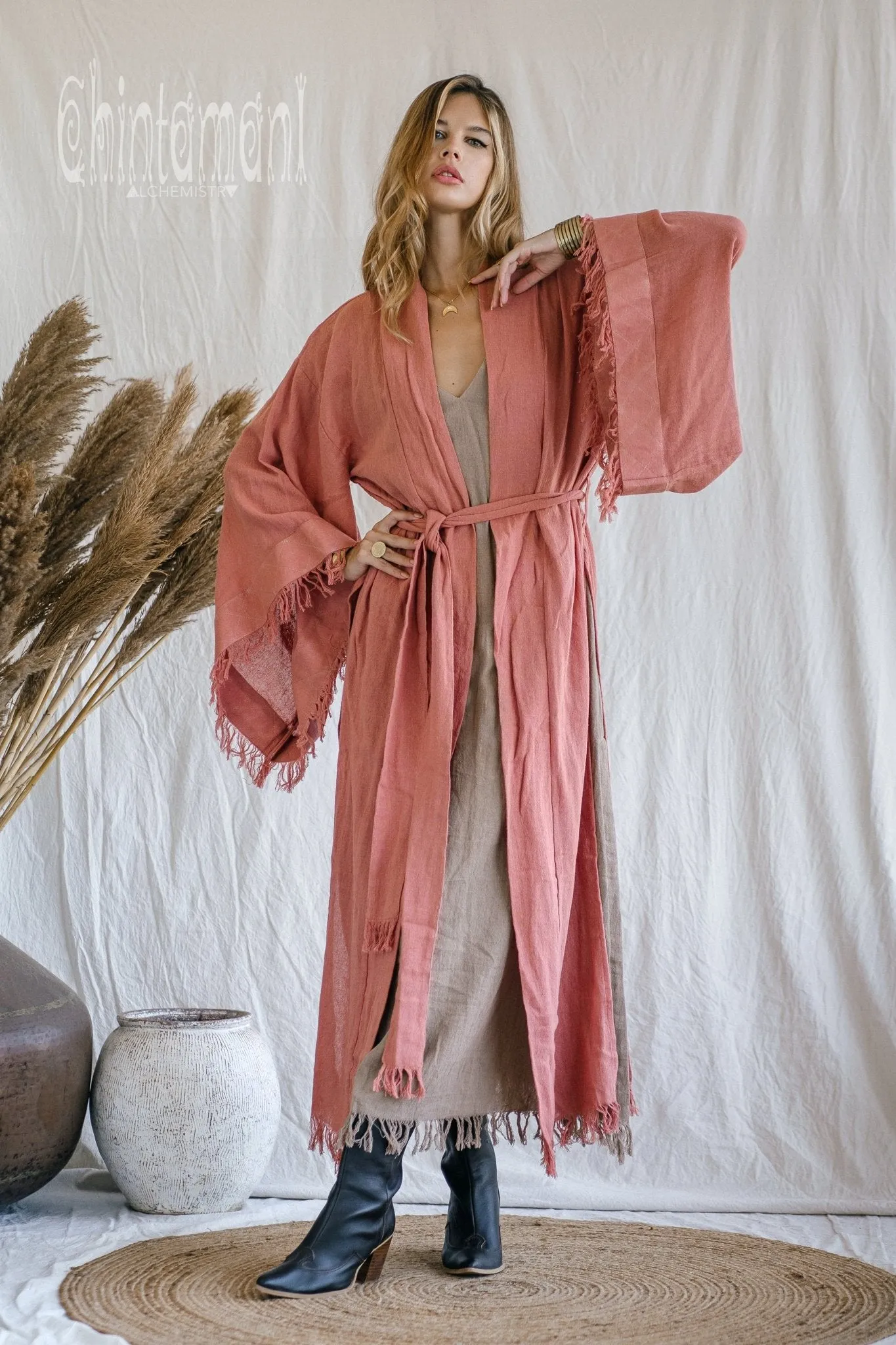 Raw Cotton Fringe Kimono Cardigan ∆ Wrap Jacket / Pink