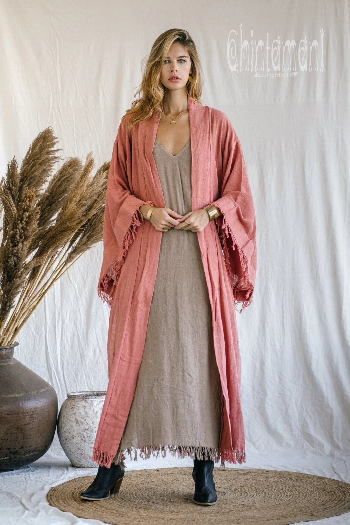 Raw Cotton Fringe Kimono Cardigan ∆ Wrap Jacket / Pink