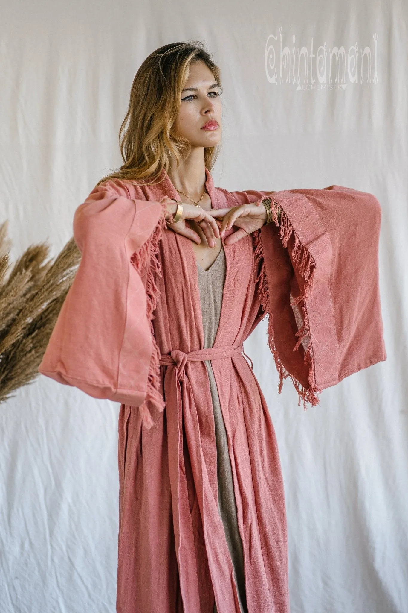 Raw Cotton Fringe Kimono Cardigan ∆ Wrap Jacket / Pink