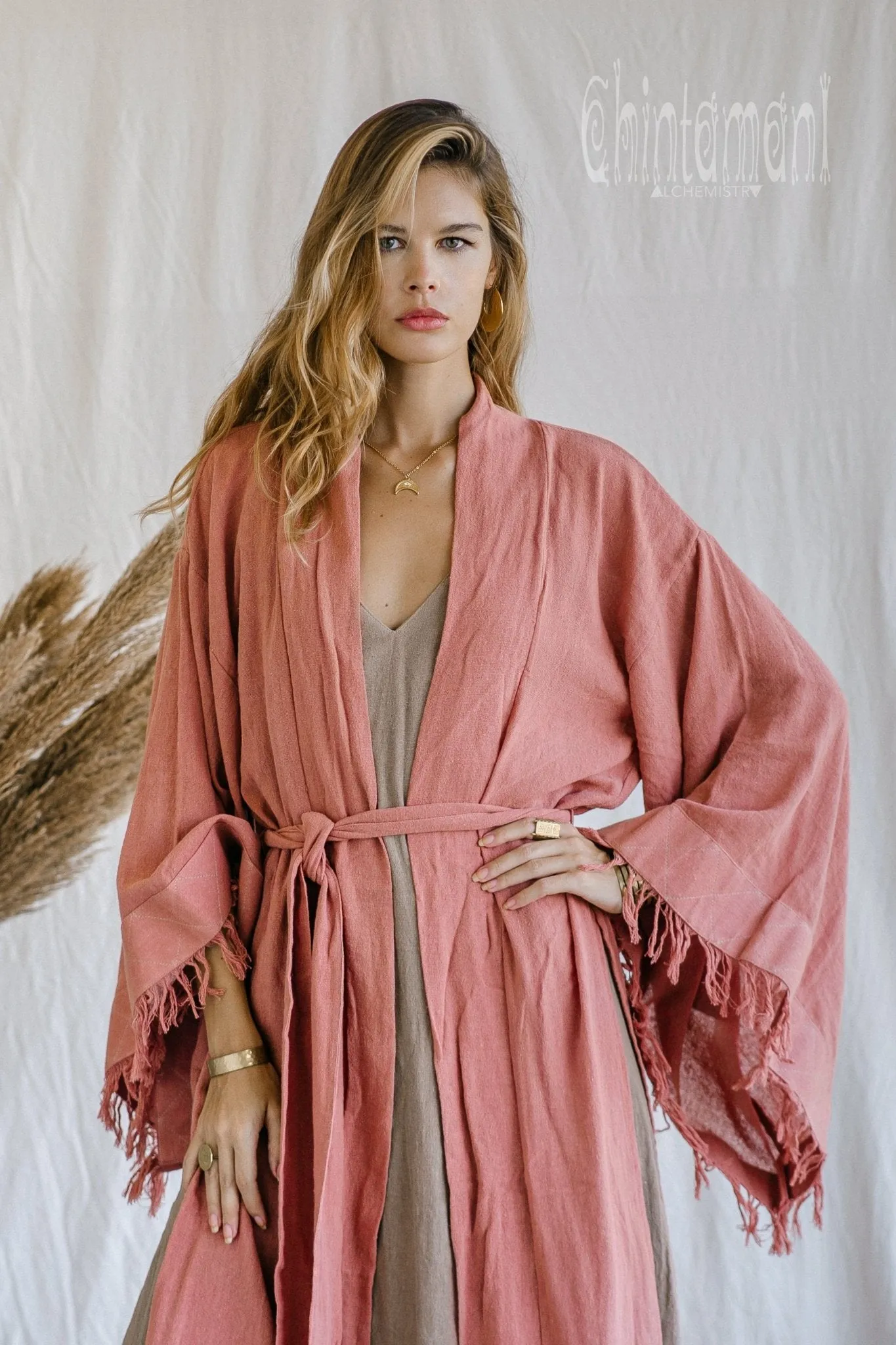 Raw Cotton Fringe Kimono Cardigan ∆ Wrap Jacket / Pink
