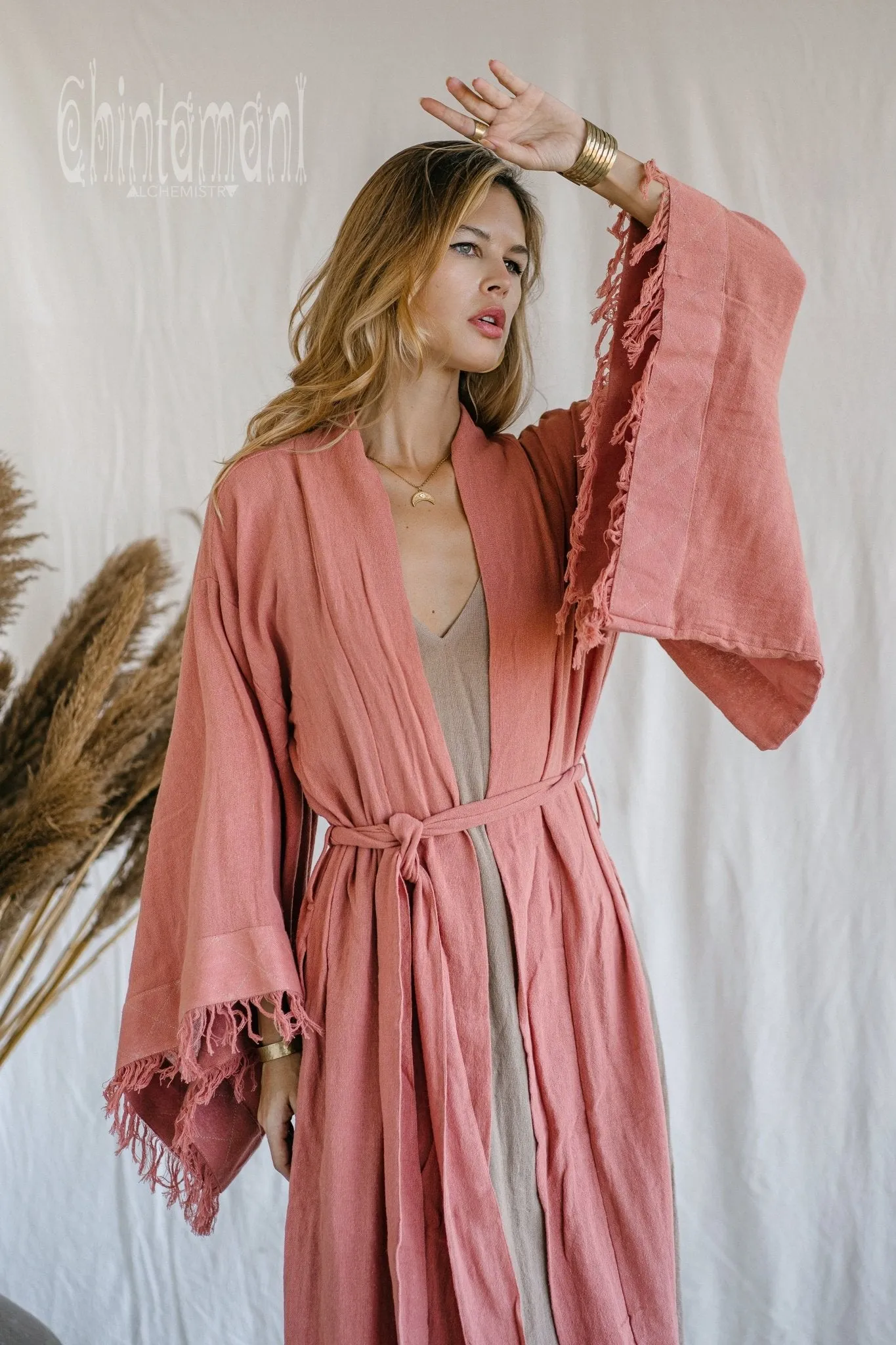 Raw Cotton Fringe Kimono Cardigan ∆ Wrap Jacket / Pink
