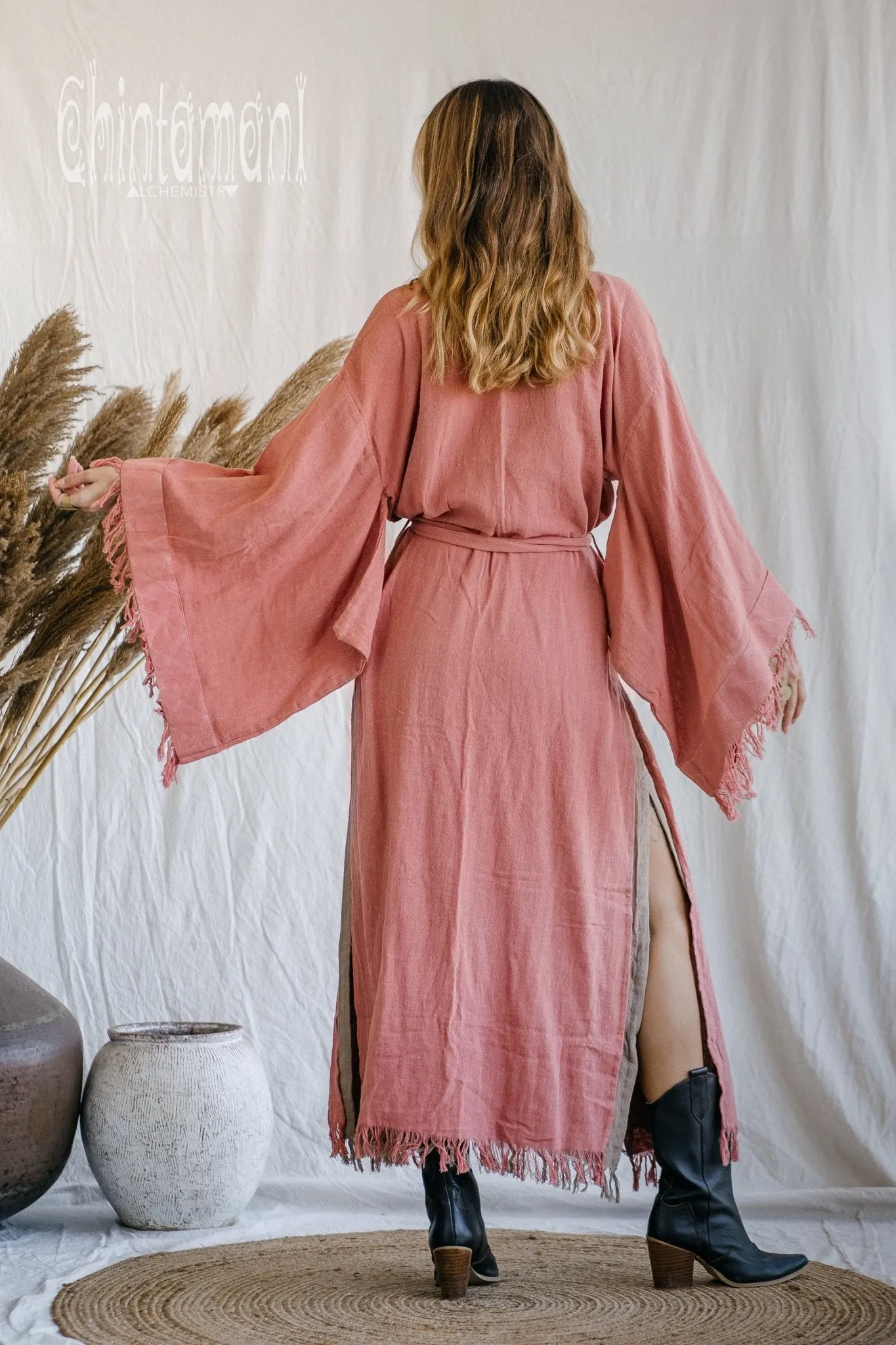 Raw Cotton Fringe Kimono Cardigan ∆ Wrap Jacket / Pink