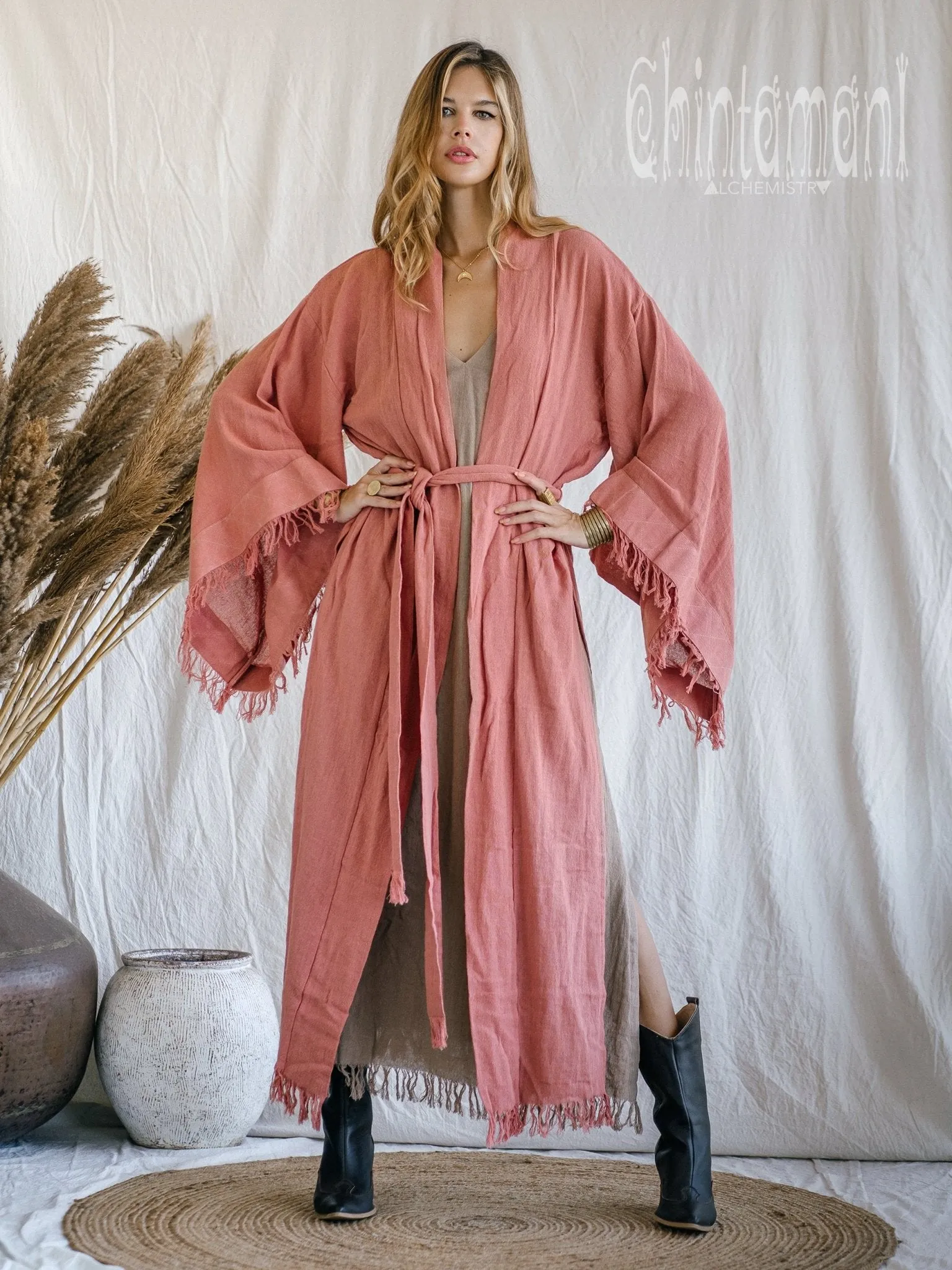 Raw Cotton Fringe Kimono Cardigan ∆ Wrap Jacket / Pink