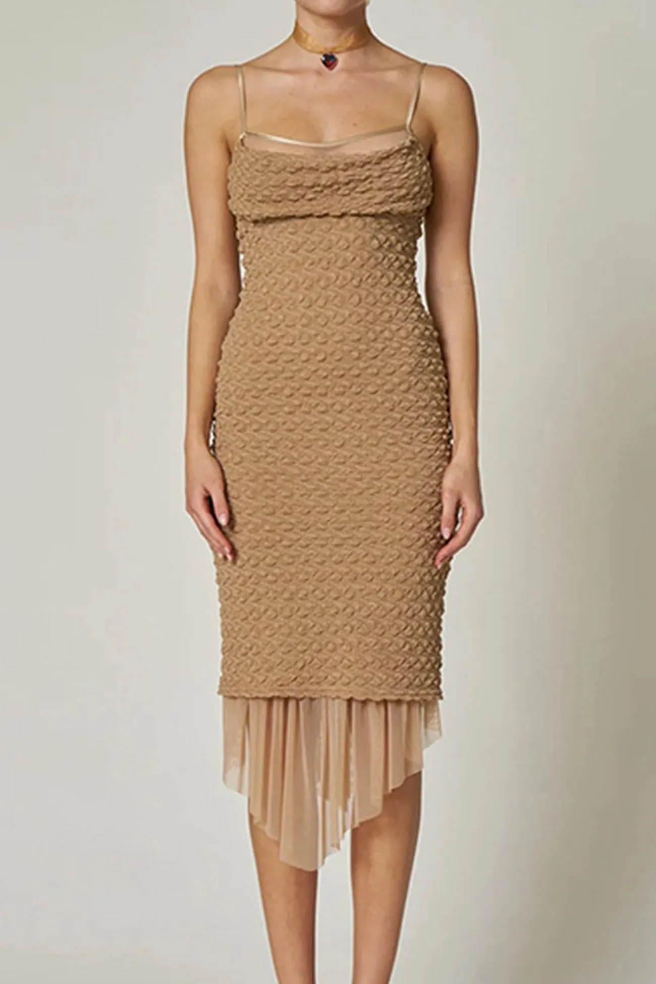 Ruched Sleeveless Mesh Patchwork Midi Dress