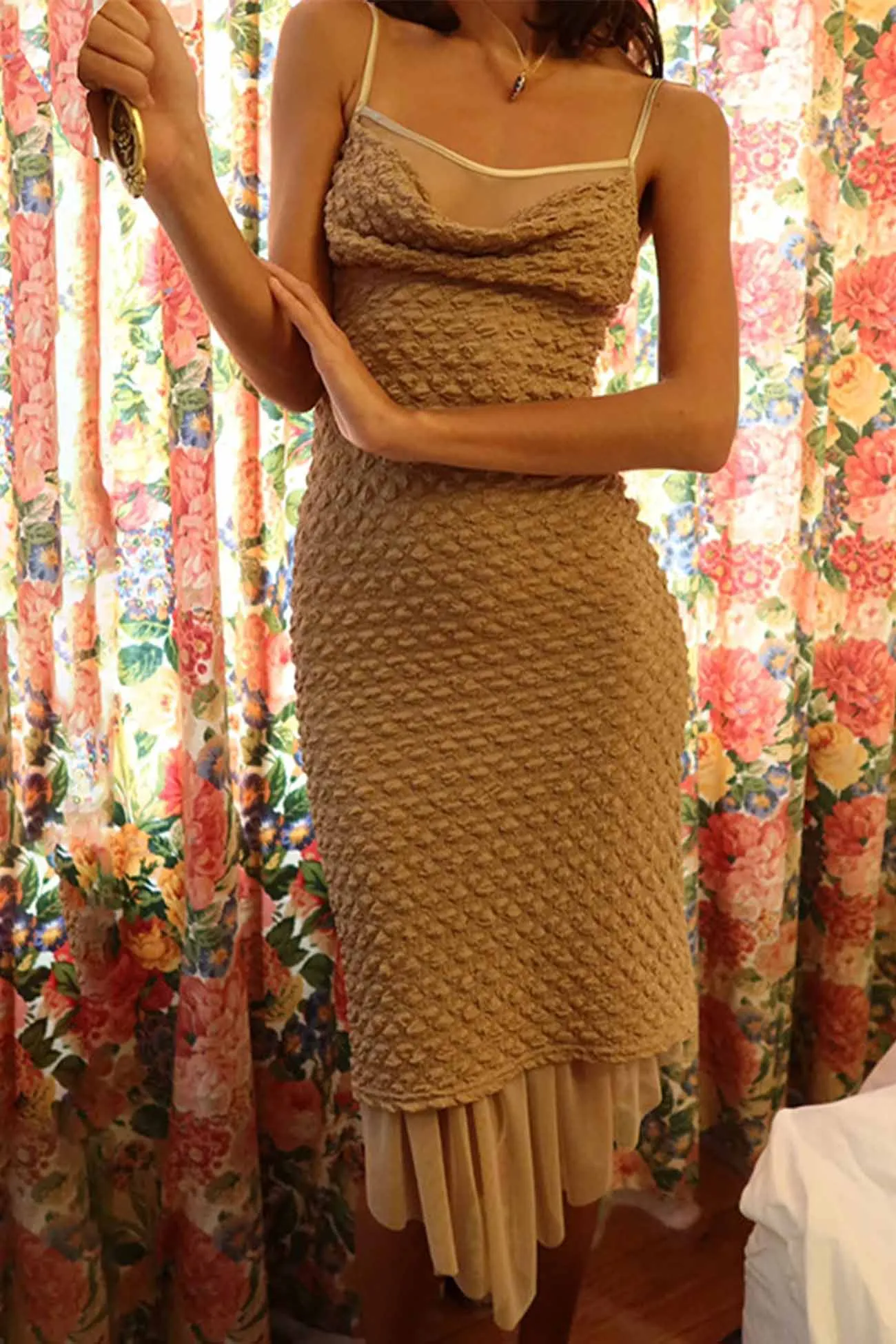 Ruched Sleeveless Mesh Patchwork Midi Dress