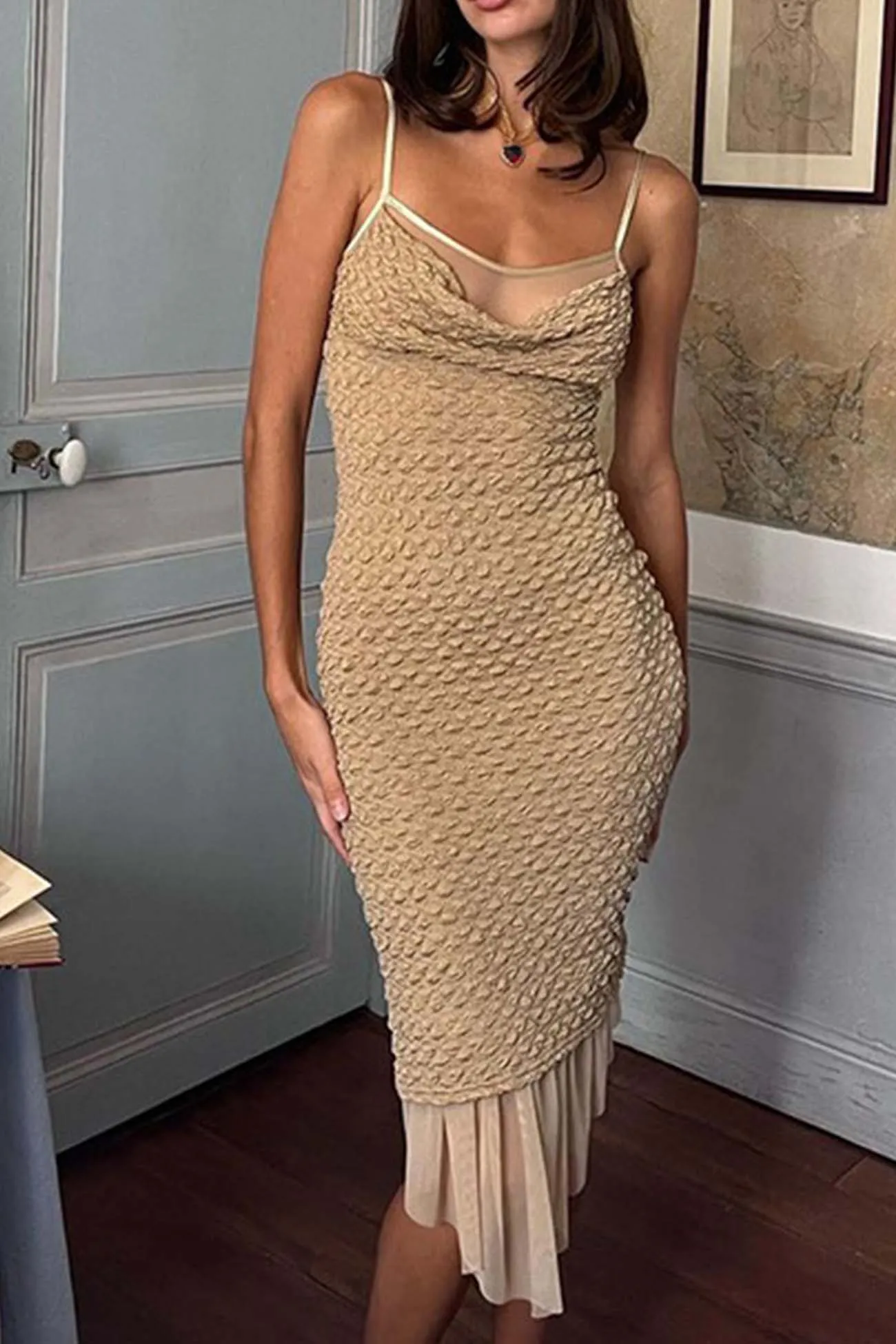 Ruched Sleeveless Mesh Patchwork Midi Dress