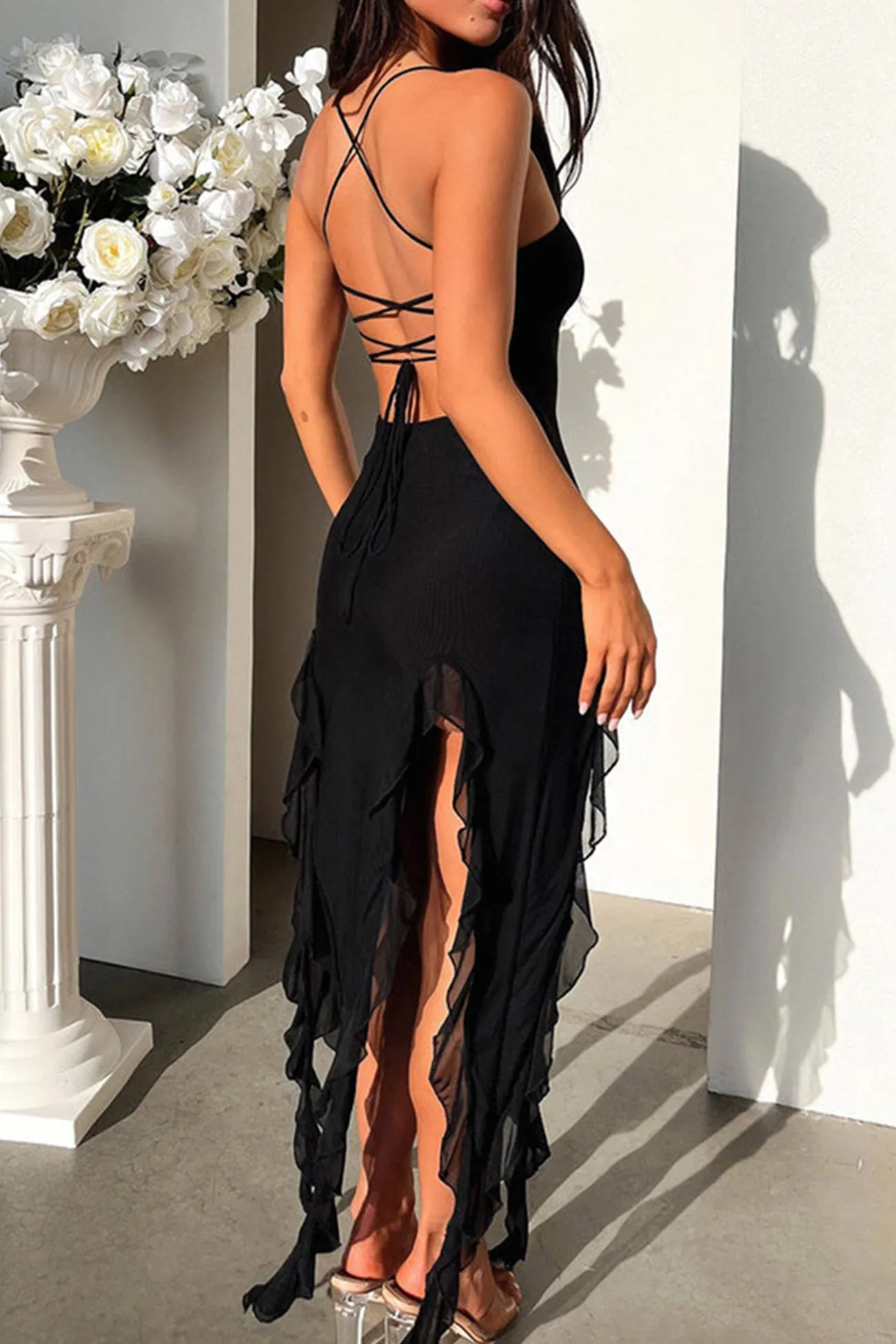 Solid Ruffle Fringe Cami Dress