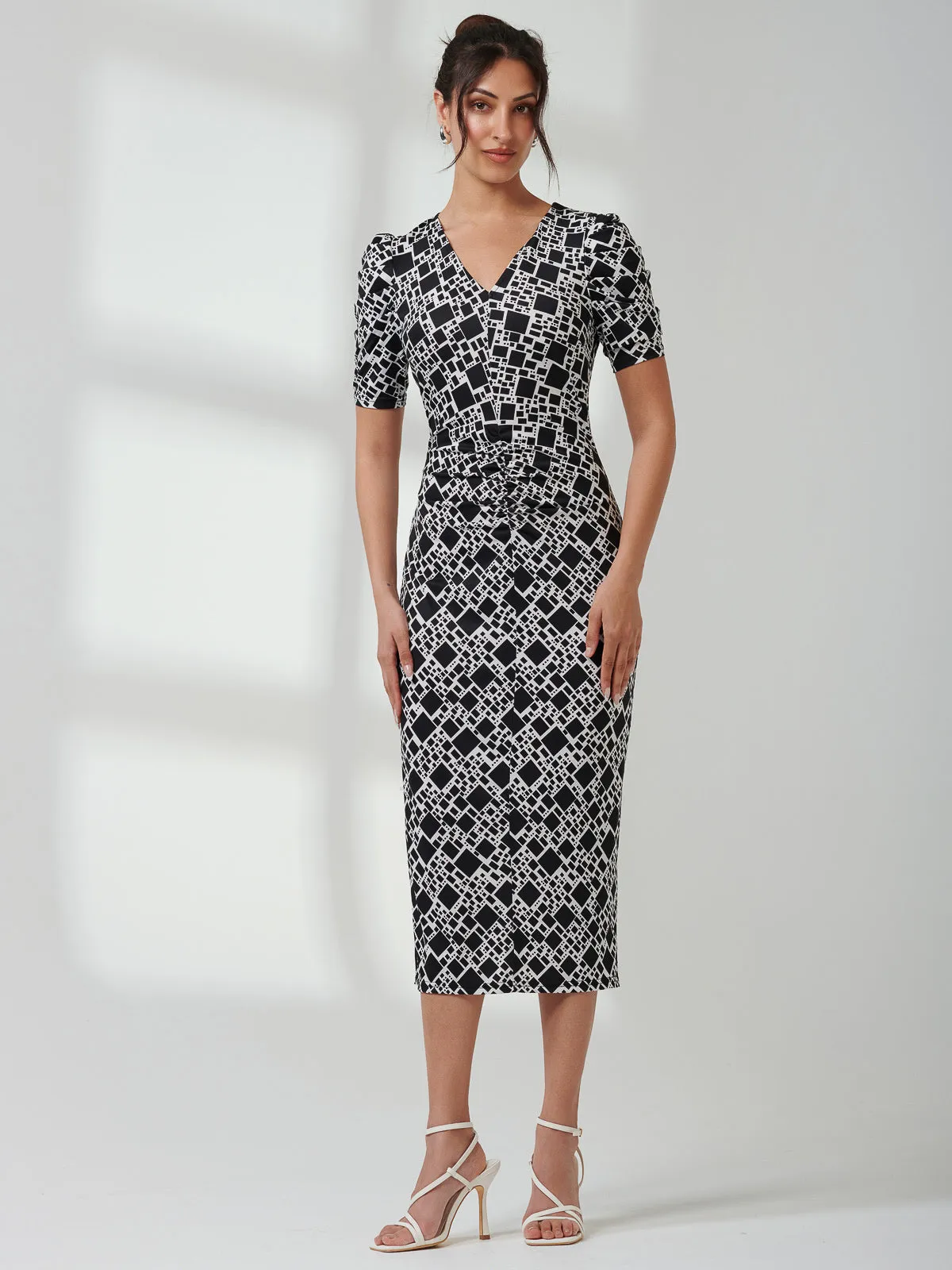 V Neck Bodycon Midi Dress, Black Geo