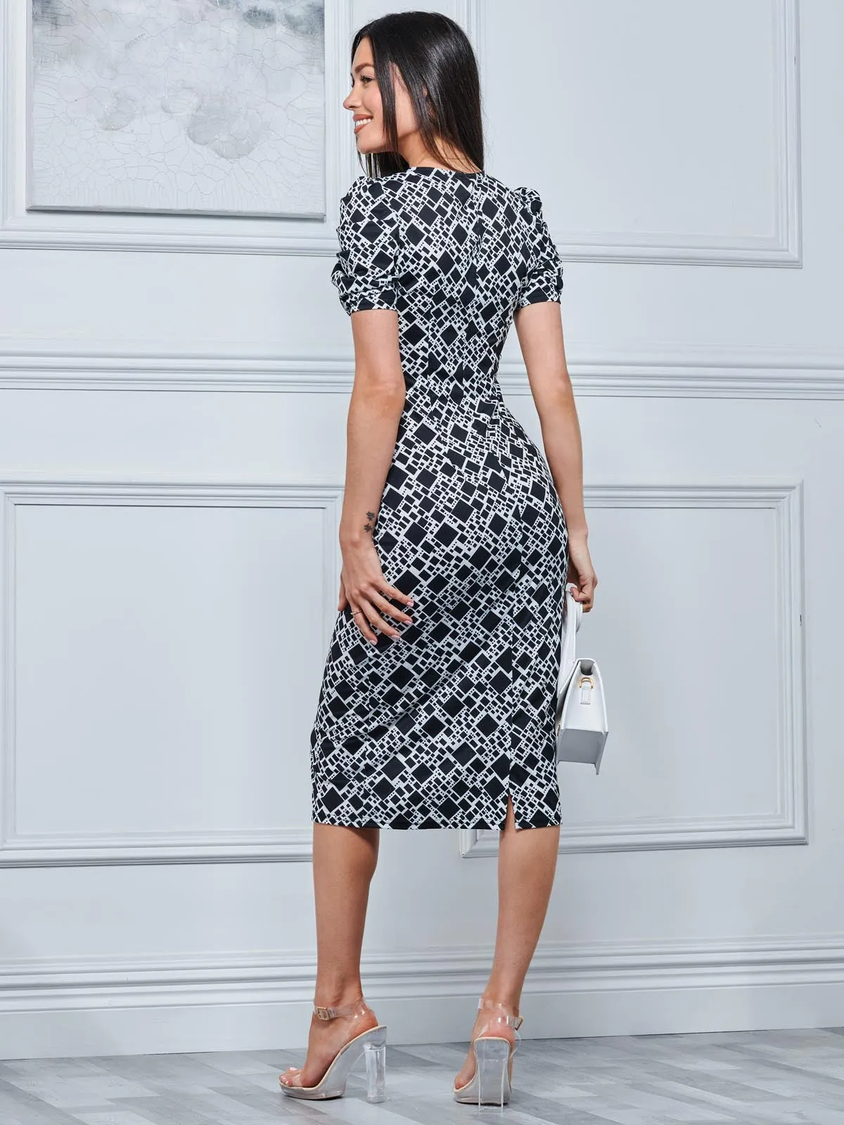 V Neck Bodycon Midi Dress, Black Geo