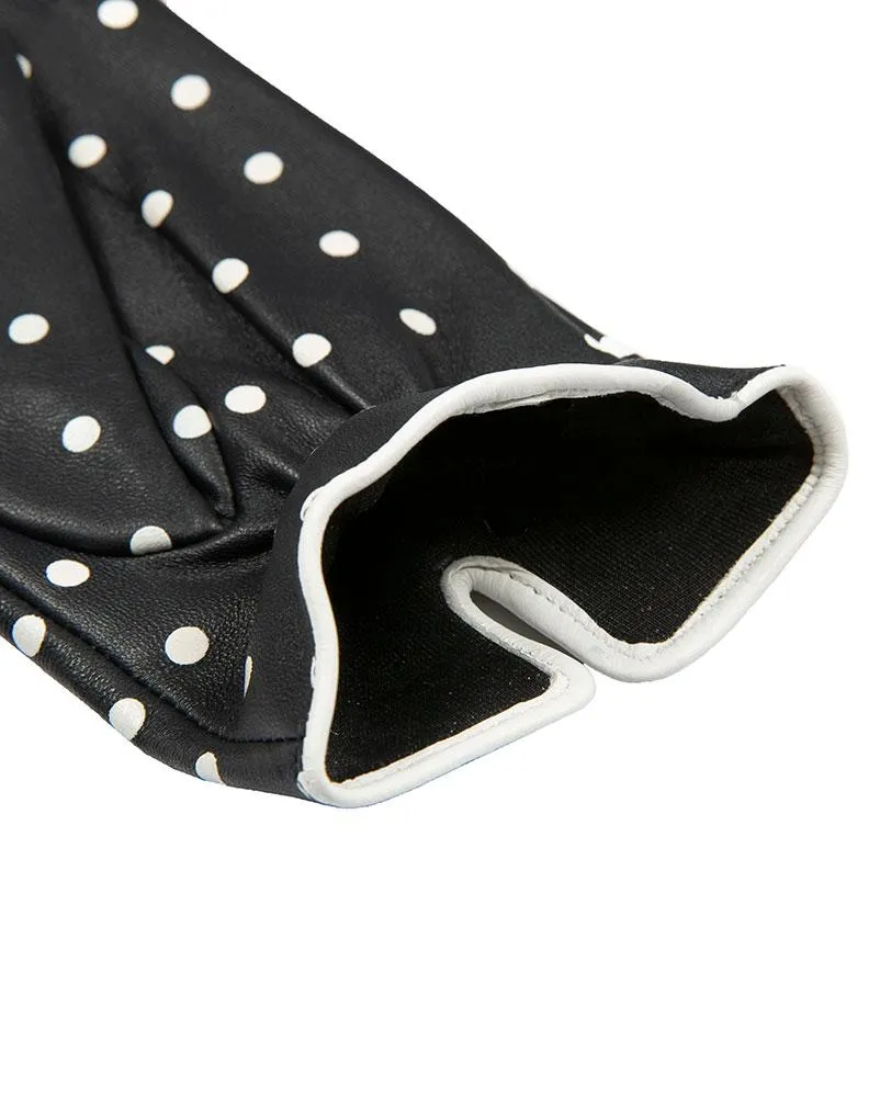 Women's Silk-Lined Leather Gloves with Polka Dot Design