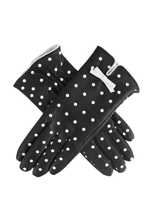 Women's Silk-Lined Leather Gloves with Polka Dot Design
